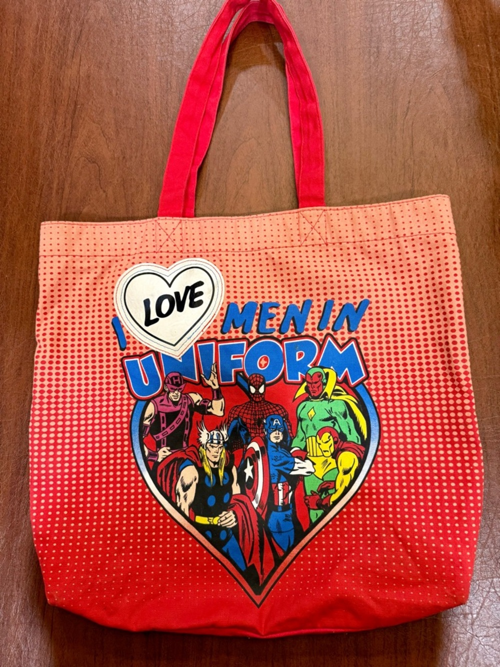 MARVEL "I Love Men in Uniform" Red Graphic Tote Bag with Superhero Print